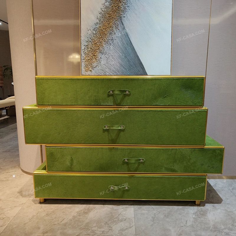 Green Textured Staggered Drawer Console with Gold Metal Borders